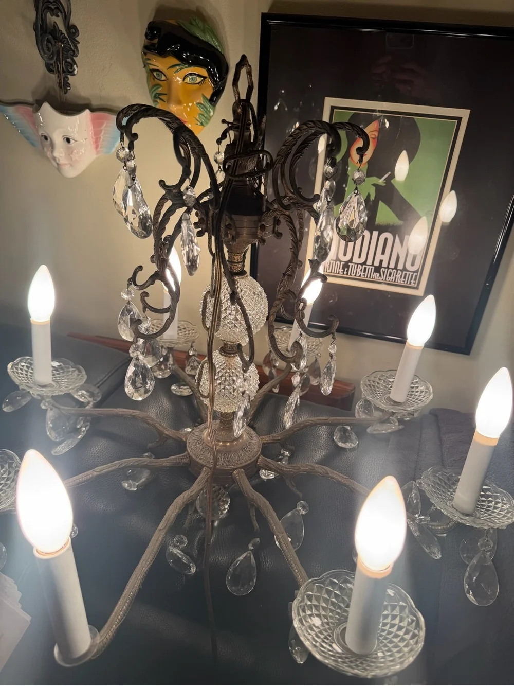 Antique Spanish Revival Brass 8 arm chandelier with leaded glass crystal prisms